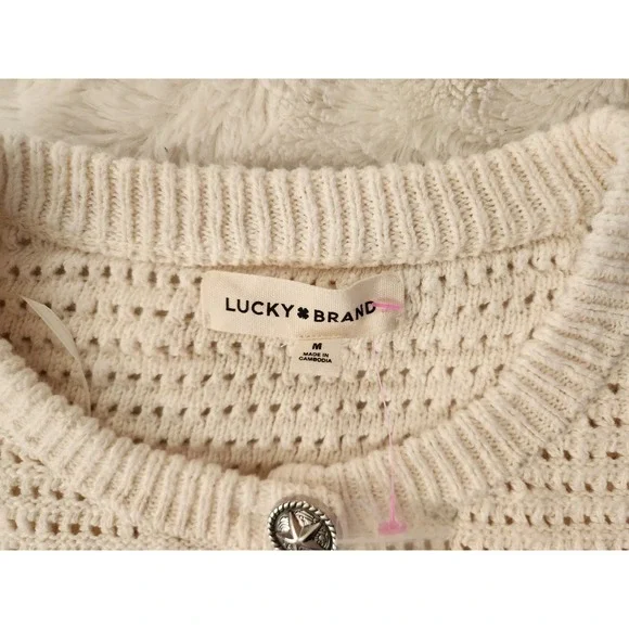 Lucky Brand Short Sleeve Knit Cardigan Cream Color Womens Medium Button Front - Picture 4 of 8